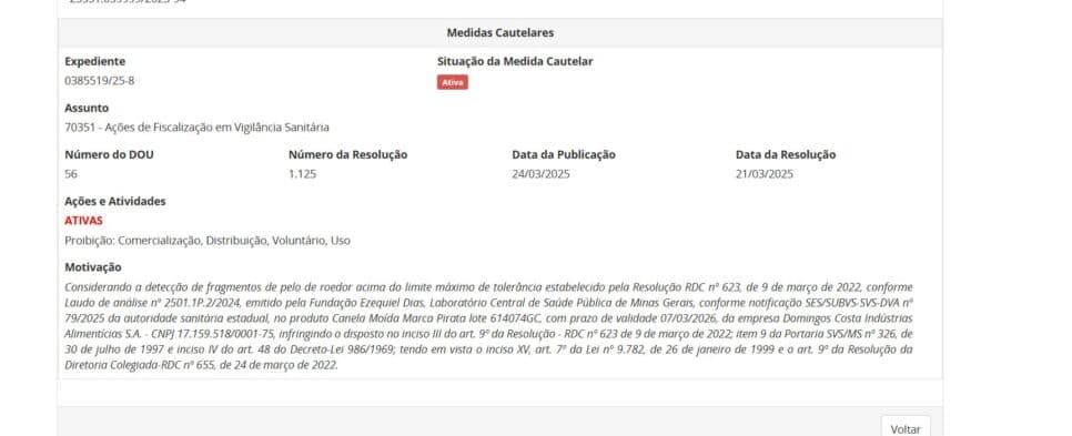 Resolução parte 1 contra o lote da canela moída (Foto Reprodução/ANVISA)