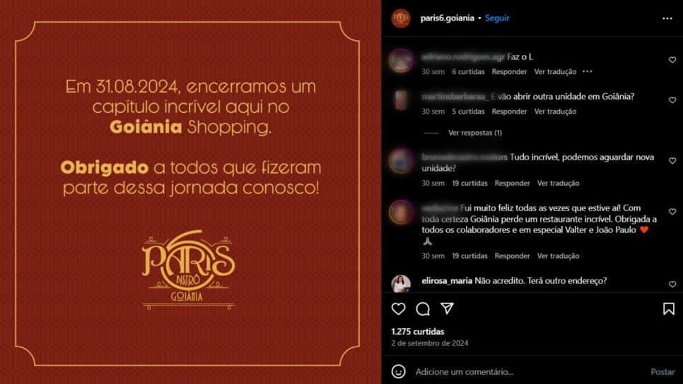 Anúncio do Paris 6 de Goiânia Shopping (Foto Reprodução/Instagram)