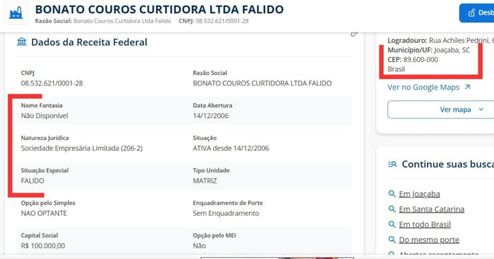 Bonato Couros já consta como empresa falida (Foto Reprodução/Econodata) Bonato Couros já consta como empresa falida (Foto Reprodução/Econodata)