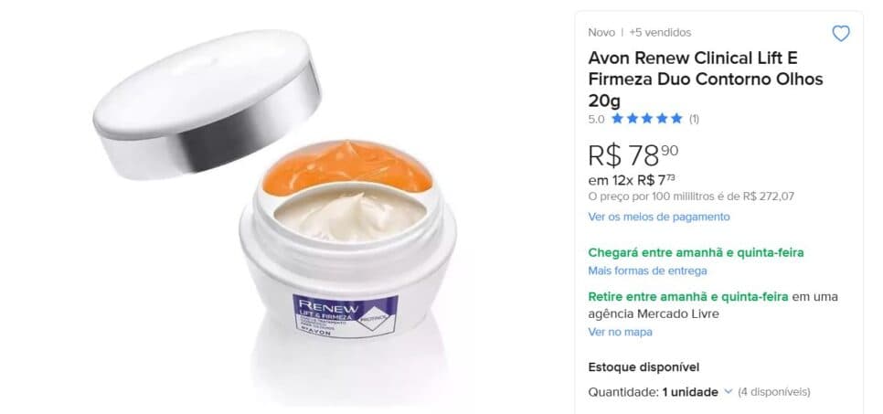 Renew Clinical com efeito lifting vendido a quase R$80 no Mercado Livre (Foto Reprodução/Site oficial do ML)