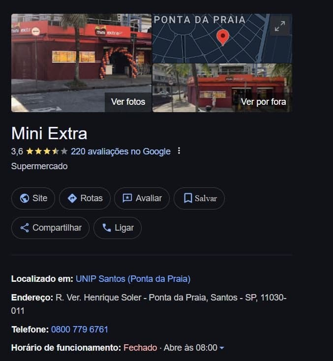 Mini Mercado do Extra - Ponta da Praia, segue com expediente normal (Foto Reprodução/Maps)