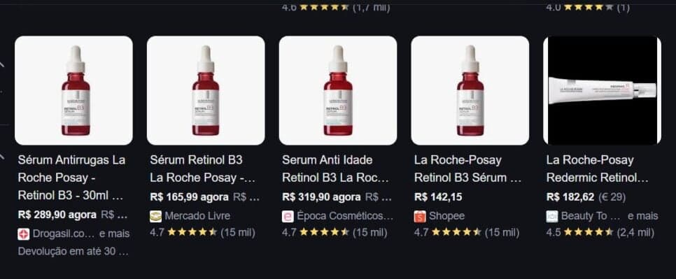Retinol da La Roche pod custar uma média de R4300 dependendo do local de compra e intensidade (Foto Reprodução/Google Shopping)