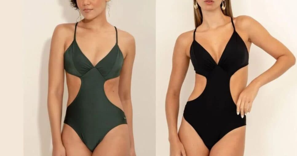 Estilo engana mamãe de maiô, ele possui uma parte de tecido que esconde a barriga na frente, mas atrás tem o estilo de bikini (Foto Reprodução/Montagem/Tv Foco/Cila)