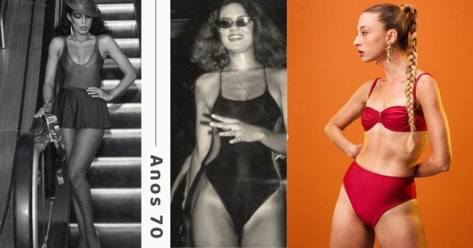 Cila na década de 70 com o maiô engana -mamãe/ ultima coleção lançada pela marca pelo título "Sempre Viva" (Foto Reprodução/Montagem/Tv Foco/Instagram)