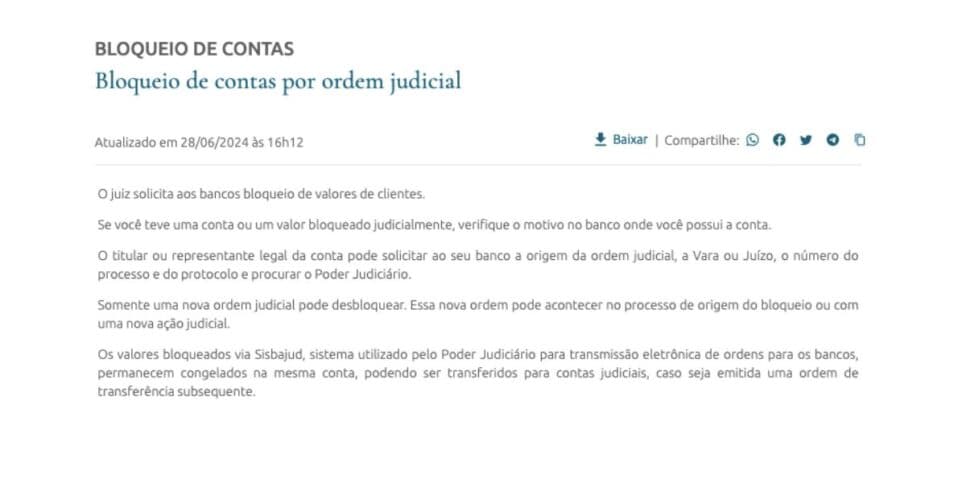 Comunicado Banco Central sobre contas bloqueadas (Foto: Reprodução / site oficial)