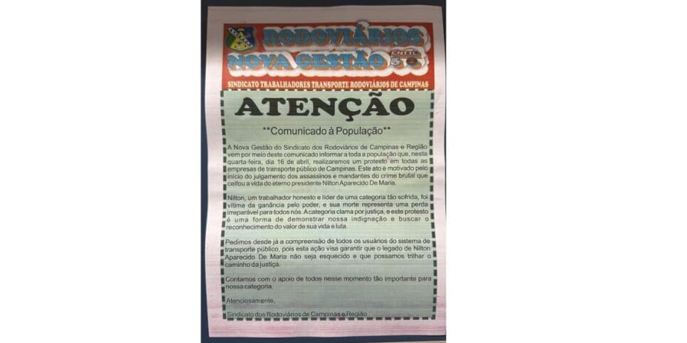 Comunicado Sindicato (Foto: Reprodução / CBN Campinas)