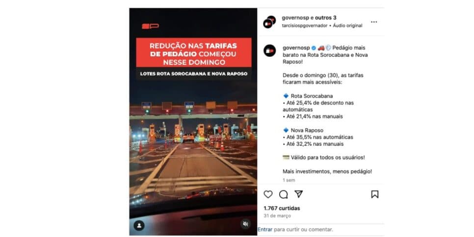Redução em pedágios (Foto: Reprodução / Instagram) 