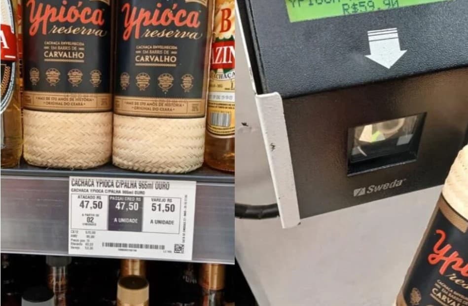 Cachaça com preço errado na prateleira e no caixa (Foto: Reprodução / Procon - GO)
