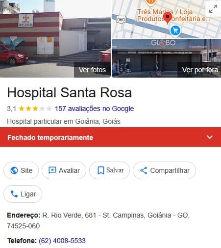 Centro Hospitalar está fechado temporariamente  (Foto: Reprodução / Google Maps) 