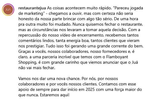 Comunicado oficial do Restaurante Juá  (Foto: Reprodução / Instagram)
