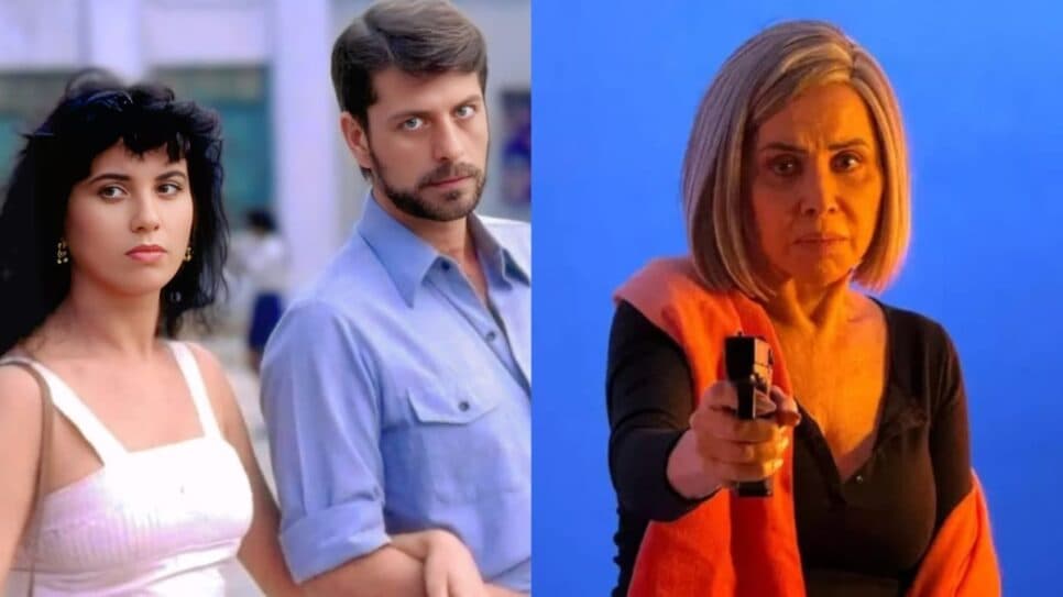Cláudia Alencar como Laura ao lado de Flávio Galvão e hoje em dia irreconhecível em 2025 (Fotos: Reprodução/ TV Globo/ Divulgação/ CM Assessoria/ Estadão/ Montagem TV Foco)