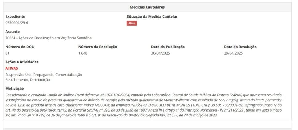Proibição contra lote do Leite de coco Mococa PT 1 (Foto Reprodução/ANVISA)