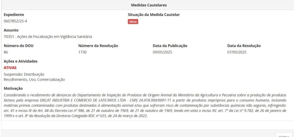 Resolução da ANVISA com ação contra lotes da DIELAT pt 1 (Foto Reprodução/ANVISA)