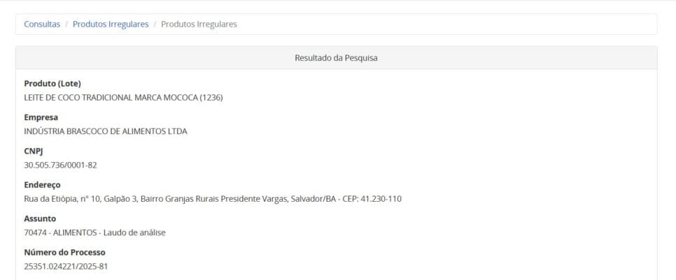 Proibição contra lote do Leite de coco Mococa PT 1 (Foto Reprodução/ANVISA)