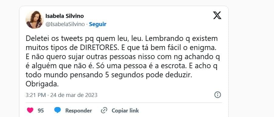 Postagem de Isabela Silvino no antigo Twitter, o X (Foto Reprodução/Redes sociais)