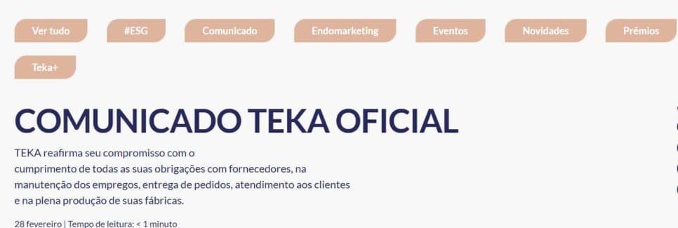 Comunicado oficial da TEKA deixado em seu site oficial na época (Foto Reprodução/Site oficial) Comunicado oficial da TEKA deixado em seu site oficial na época (Foto Reprodução/Site oficial)