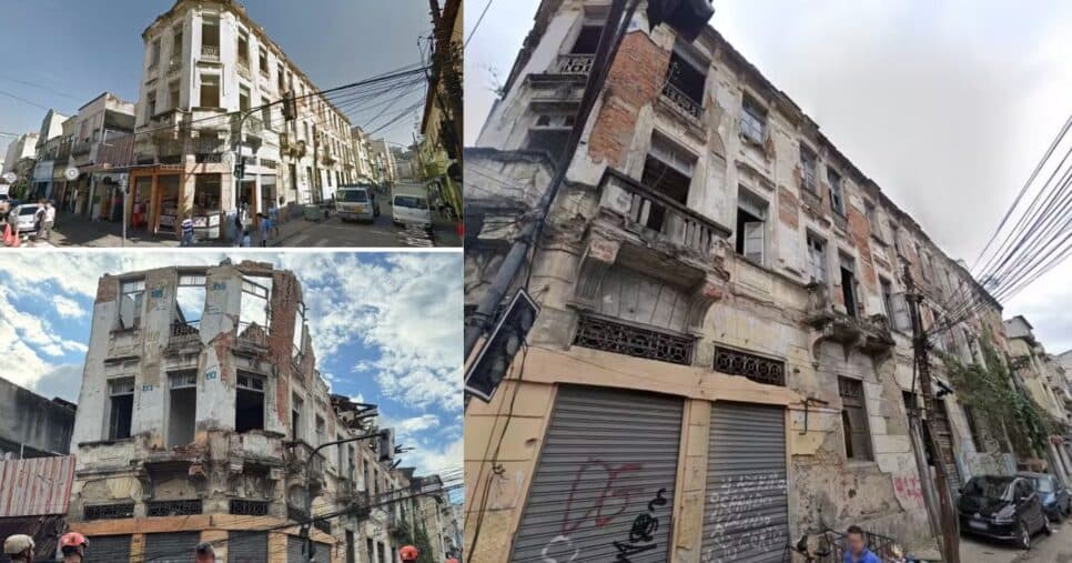 Antes e depois do casarão que desabou no centro do Rio. Foto de 2014 (no alto) — Foto: Montagem Google Maps e Dayane Zimmermann g1 Rio