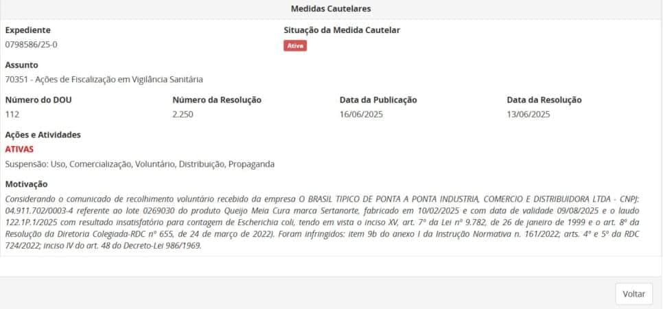 Resolução da ANVISA comunicando retirada do queijo Sertanorte parte 2 (Foto: Reprodução/ANVISA)