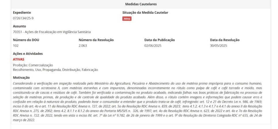 Proibição da ANVISA contra marca Pingo Preto de café em pó pt 2 (Foto Reprodução/ANVISA)
