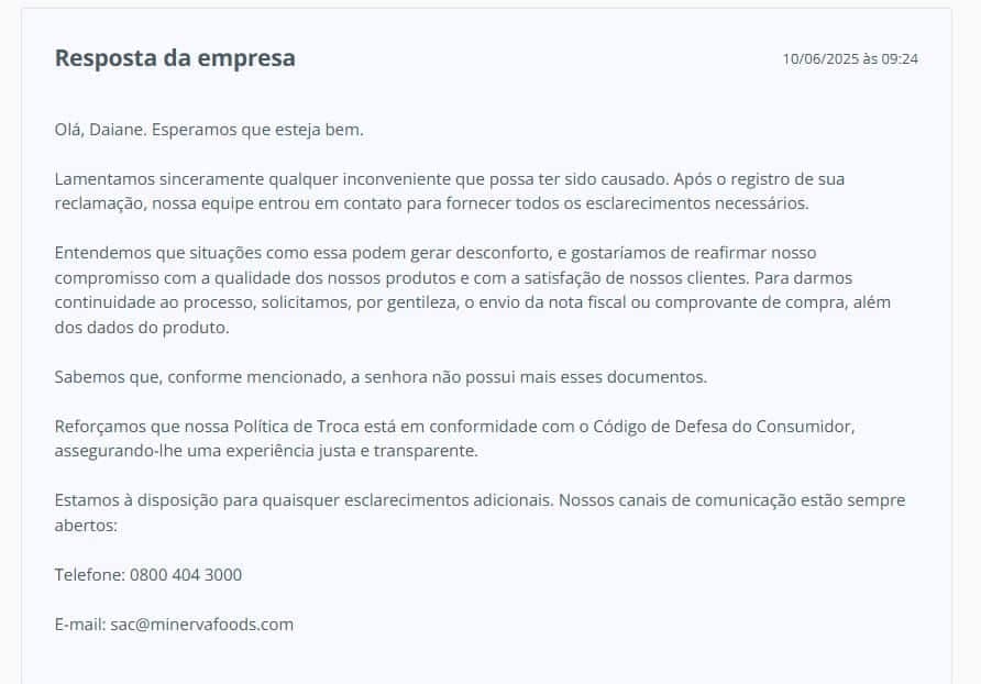 Resposta da Minerva Foods (Foto Reprodução/Reclame Aqui)