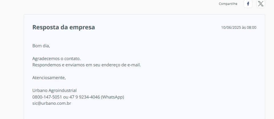 Resposta da do Urbano Agroindustrial (Foto Reprodução/Reclame Aqui)