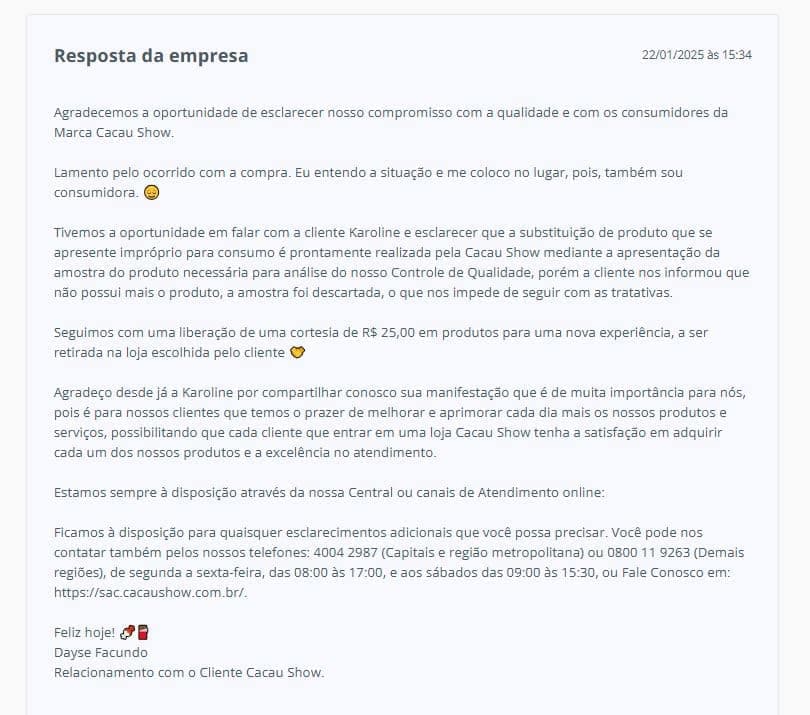 Resposta da Cacau Show (Foto Reprodução/RA)