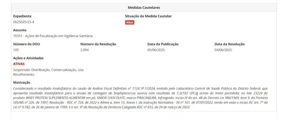 Resolução da ANVISA contra lote de Whey Protein da Piracanjuba (Foto Reprodução/Montagem/ANVISA)