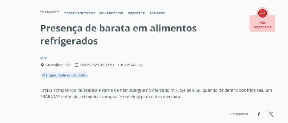 Denúncia do consumidor no Reclame Aqui expôs caso de hambúrguer entre baratas (Foto Reprodução/Reclame AQUI)