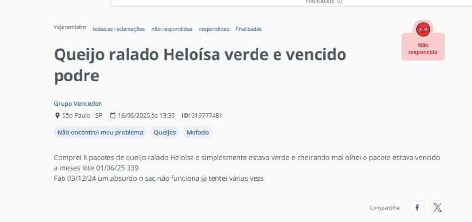 Reclamação contra o queijo Heloísa (Foto Reprodução/RA)