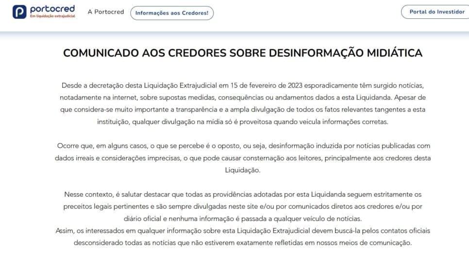 Comunicado da Portocred (Foto Reprodução/Portocred)