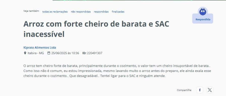 Denúncia contra a marca de arroz feito por uma consumidora (Foto Reprodução/Reclame Aqui)