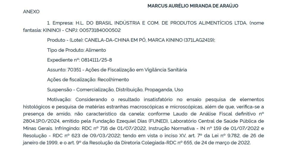 Resolução da ANVISA contra marca de canela (Foto Reprodução/GOV)