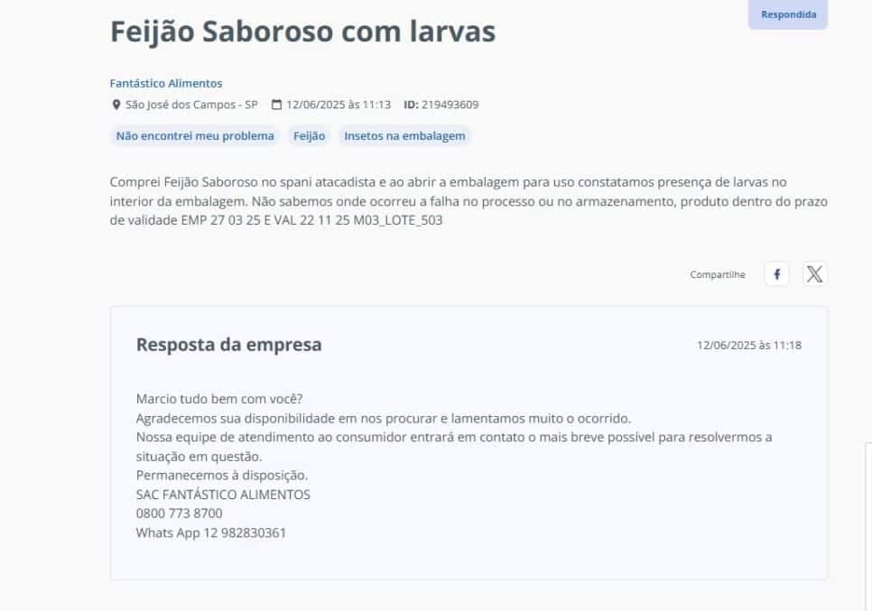 Reclamação do cliente/Resposta da empresa após constatação de larvas no feijão (Foto Reprodução/RA)