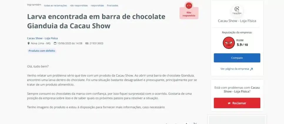 Relato no Reclame Aqui contra chocolate da Cacau Show, no dia 10/06 (Foto Reprodução/RA)