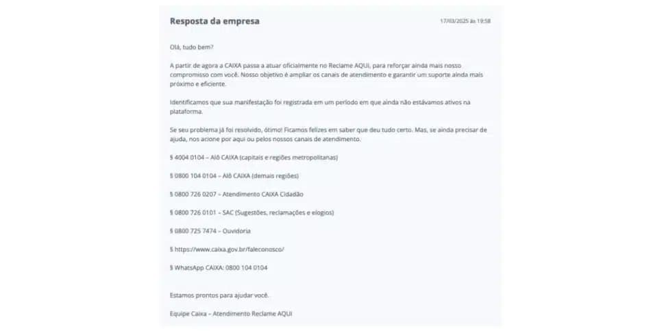 Resposta da Caixa (Foto: Reprodução / Reclame Aqui)