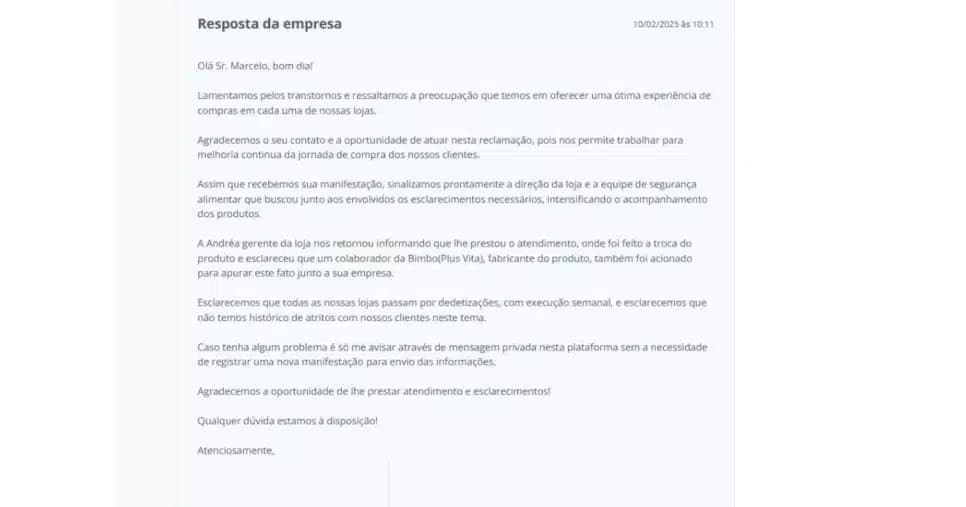 Resposta da rede de supermercado após o ocorrido (Foto Reprodução/Reclame Aqui)