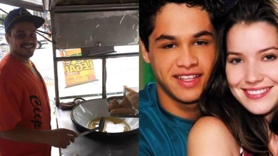 Maxwell Nascimento, ex- Malhação, vendendo pastéis (Foto: Reprodução/ Internet/ Globo/ Montagem)