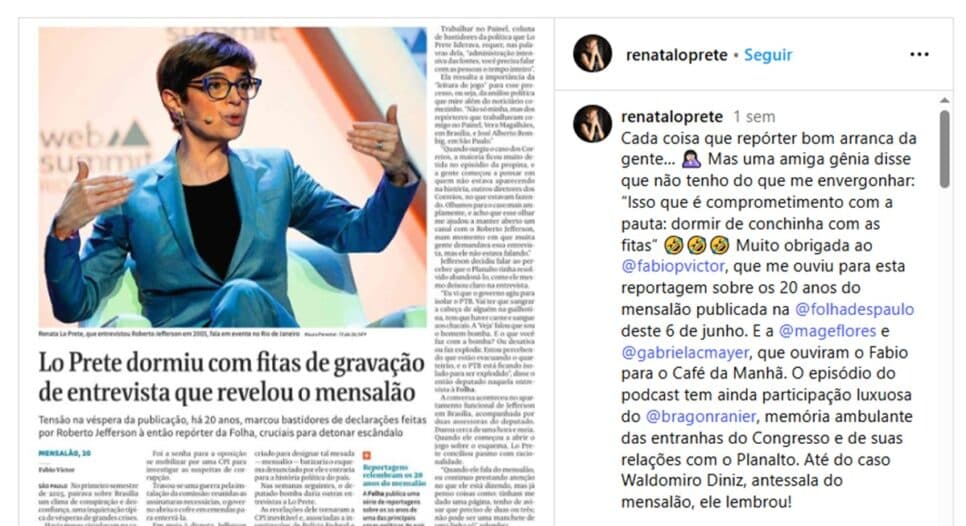Jornalista divulga matéria reveladora da Folha (Foto: Reprodução/ Instagram)