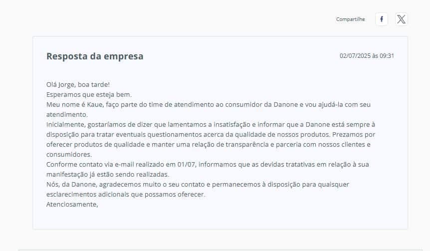 Resposta da Danone após denúncia contra a Aptamil (Foto Reprodução/Reclame Aqui)