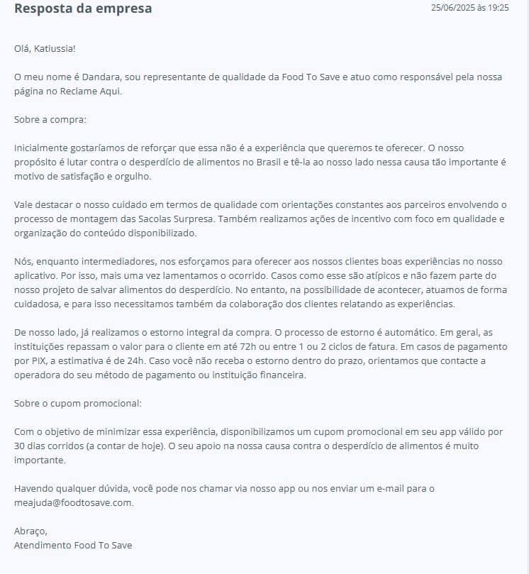 Resposta da Food To Save (Foto Reprodução/Reclame Aqui)