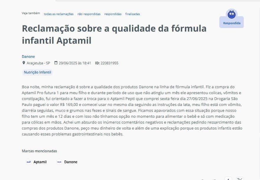 Denúncia contra a fórmula infantil da Aptamil, linha da Danone (Foto Reprodução/Reclame Aqui)