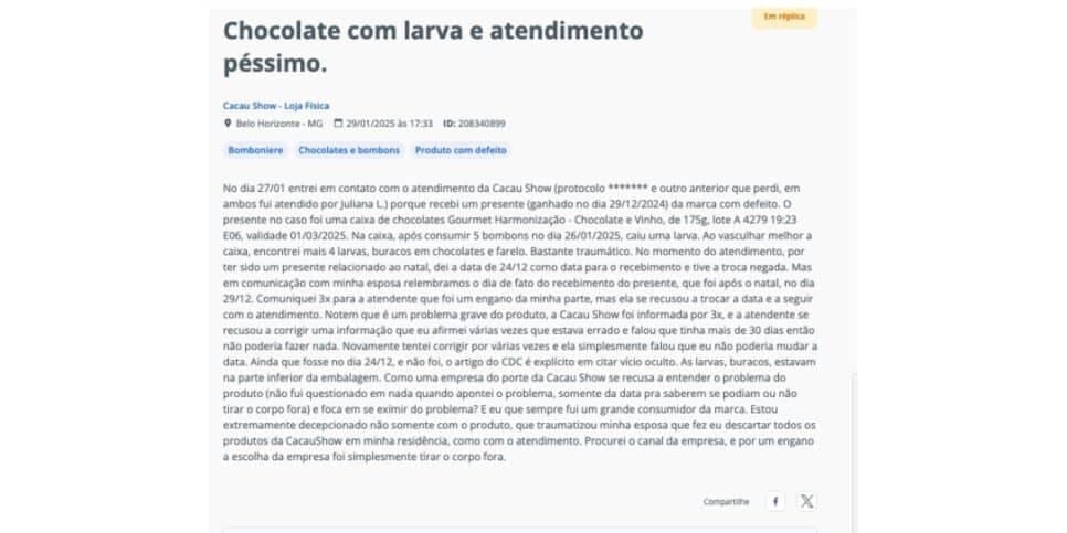 Denúncia do cliente (Foto: Reprodução / Reclame Aqui)