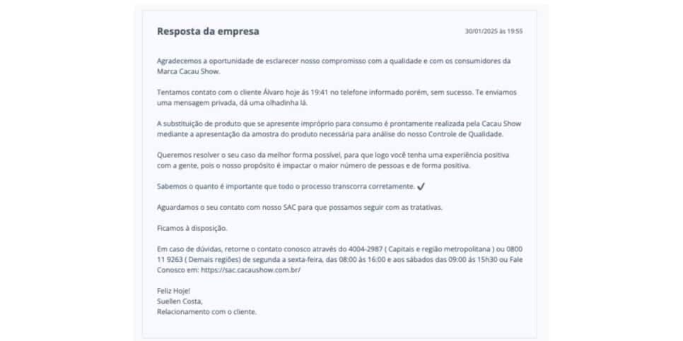 Resposta da Cacau Show (Foto: Reprodução / Reclame Aqui)