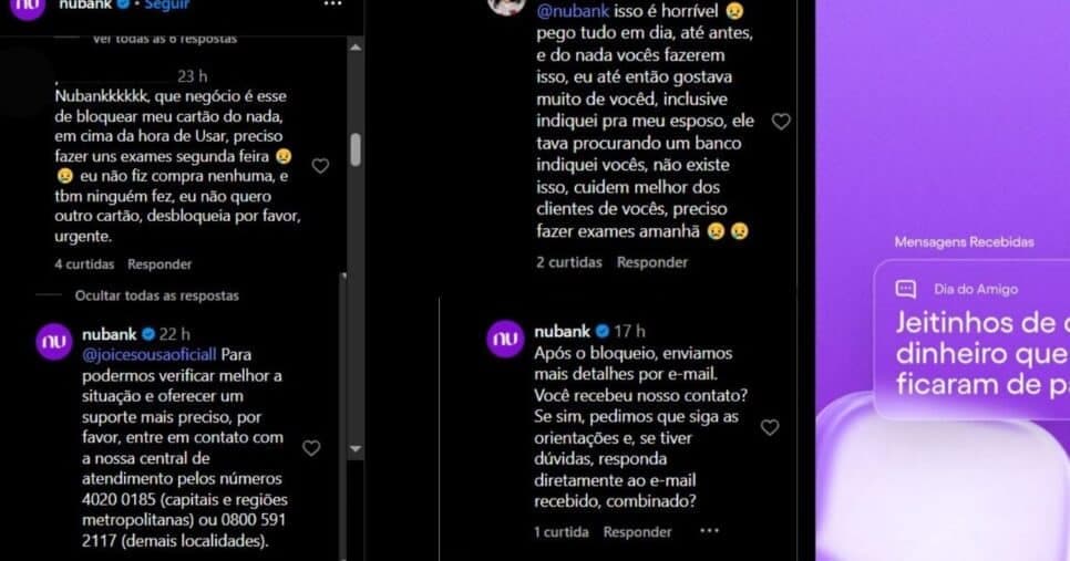 Comentários de uma cliente Nubank e as respostas da fintech (Foto Reprodução/Instagram)