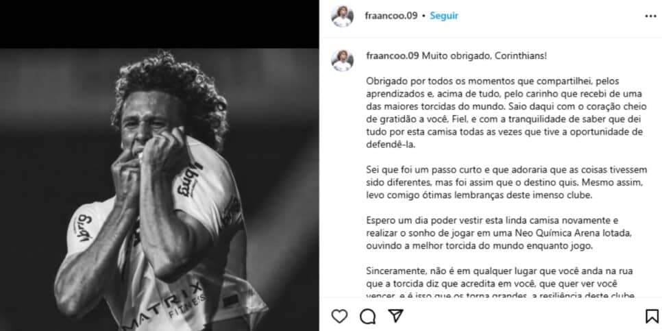 Franco Delgado em sua despedida do Corinthians (Reprodução: Instagram)