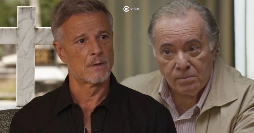 Ilustração de cemitério, Jaques e Abel em Dona de Mim (Foto: Reprodução / Globo / Montagem TV Foco)