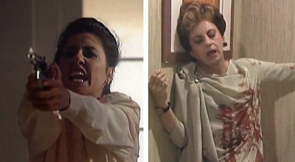 Leila (Cássia Kis) é assassina revelada de Odete Roitman (Beatriz Segall) na versão original de "Vale Tudo" (Foto: Reprodução/ Globo/ Montagem)