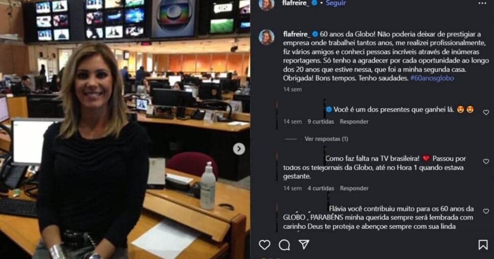 Homenagem de Flávia Freire aos 60 anos da Globo (Foto Reprodução/Montagem/Lennita/Tv Foco/Instagram@Flávia Freire Oficial)