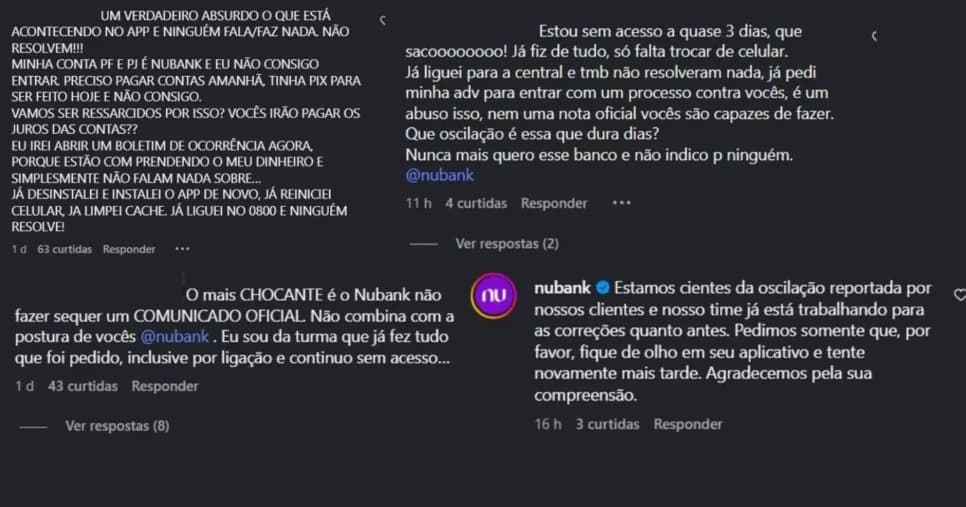 Enxurrada de reclamações (Foto Reprodução/Instagram Nubank Oficial)