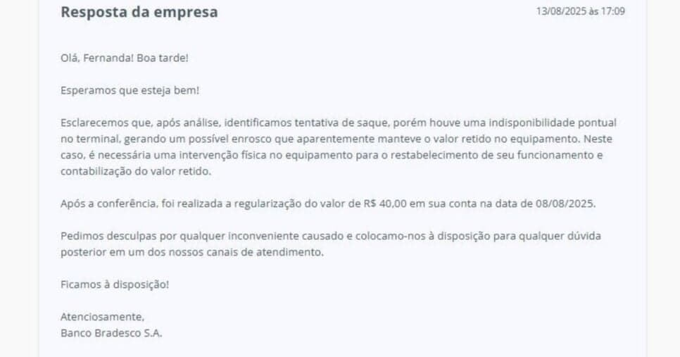 Resposta do Bradesco (Foto Reprodução/Reclame Aqui)